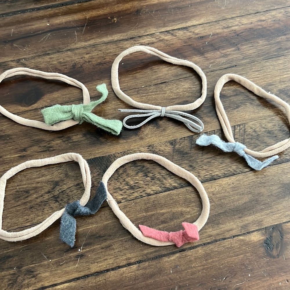Tiny Newborn Headbands - green, pink and 3 shades of grey